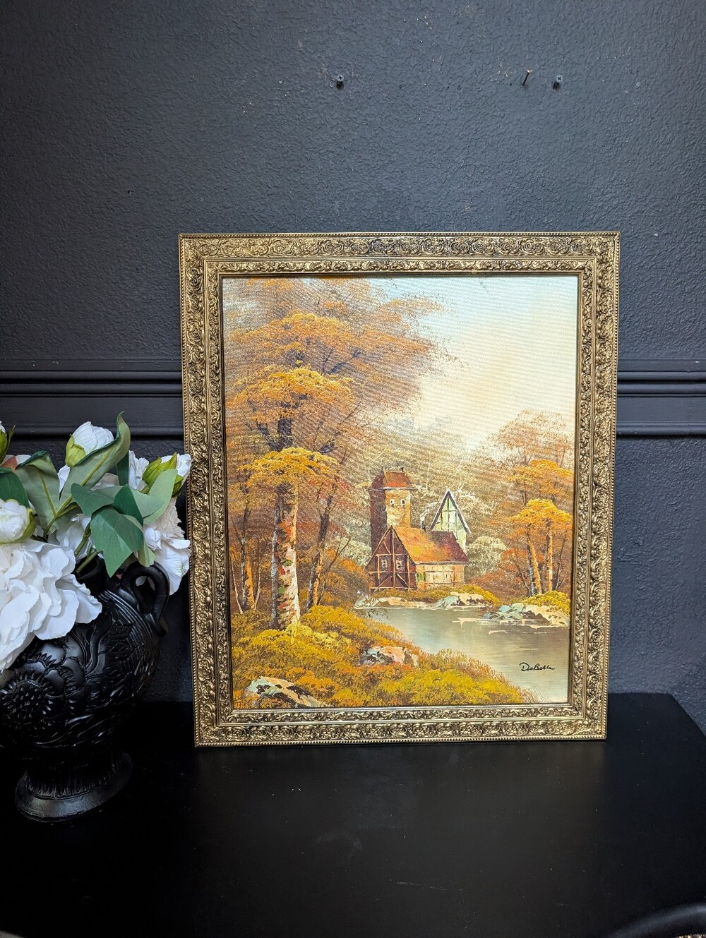 Vintage Original Oil Painting Autumn Landscape Church Scene Ornate Gold Frame